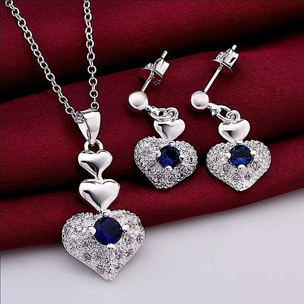 BLUE SAPPHIRE STERLING SILVER NECKLACE EARRINGS SET